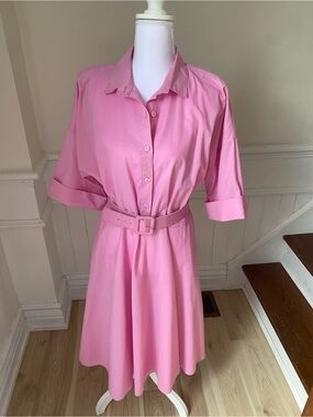 Vintage 1980s Women’s Classic Pink Belted Shirt Dress
